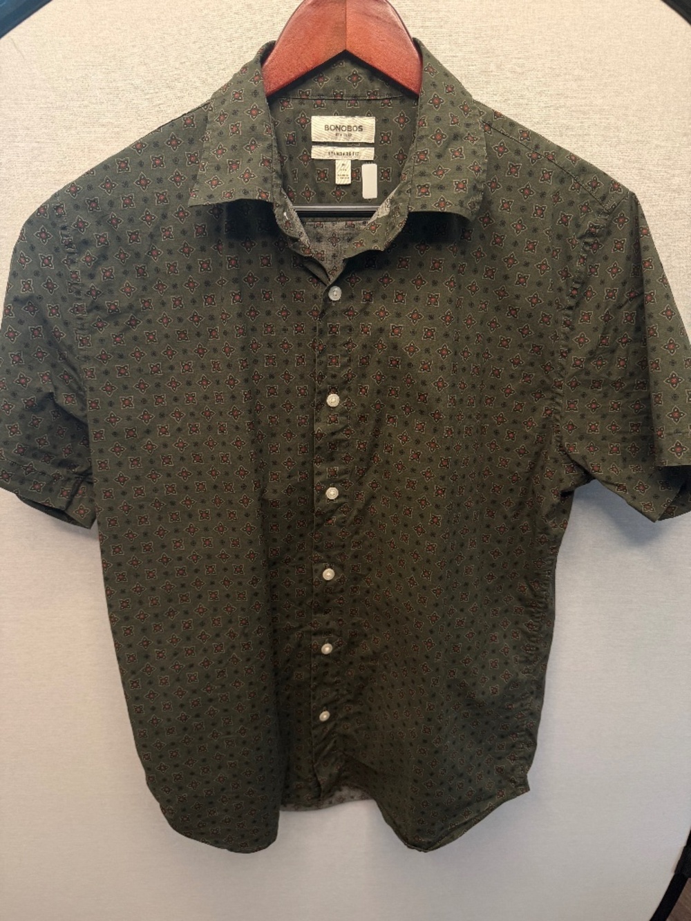 Bonobos Men’s Medium Olive Green Geometric Print Short Sleeve Shirt Standard Fit